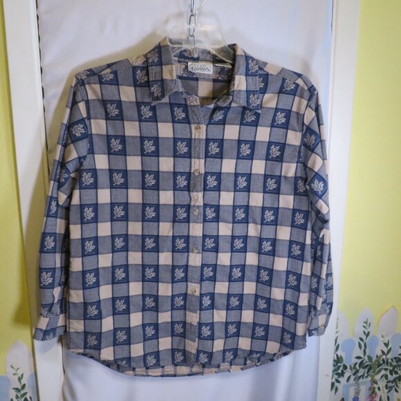 Basic Editions 100% Cotton Embroidered Leaf Plaid Blue & Tan - Large Relax Fit - Picture 1 of 6